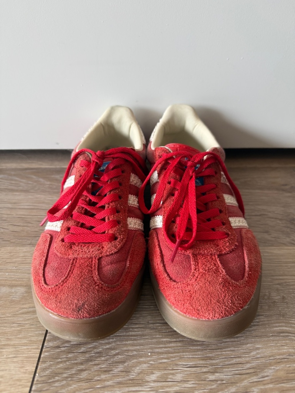 Adidas Gazelle Red Suede Sneakers with White Stripes - Picture 2 of 5